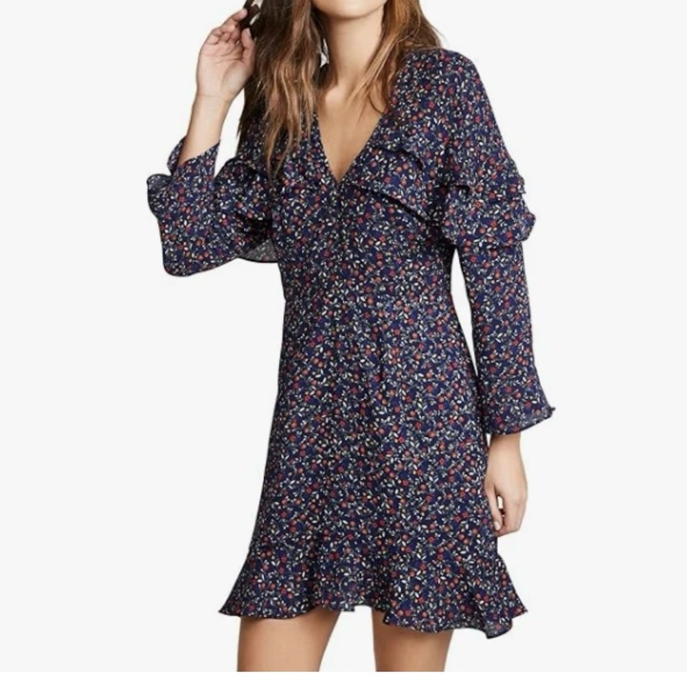 JACK by BB Dakota Navy Floral Ruffle Long Sleeve Dress (Navy Blue) - 10